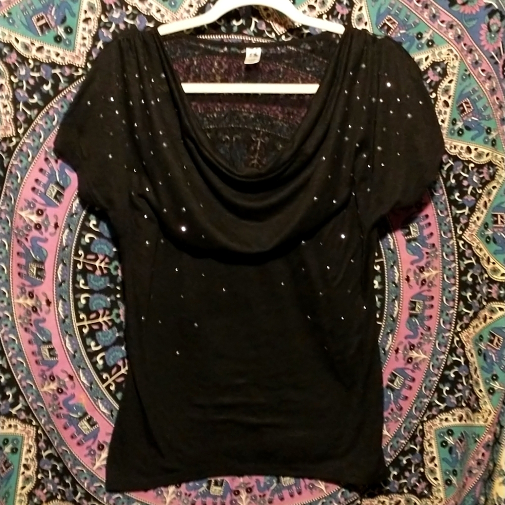 Hybrid Women's Size Large Black Sequined Blouse W Ruffled Neckline & Lace Back